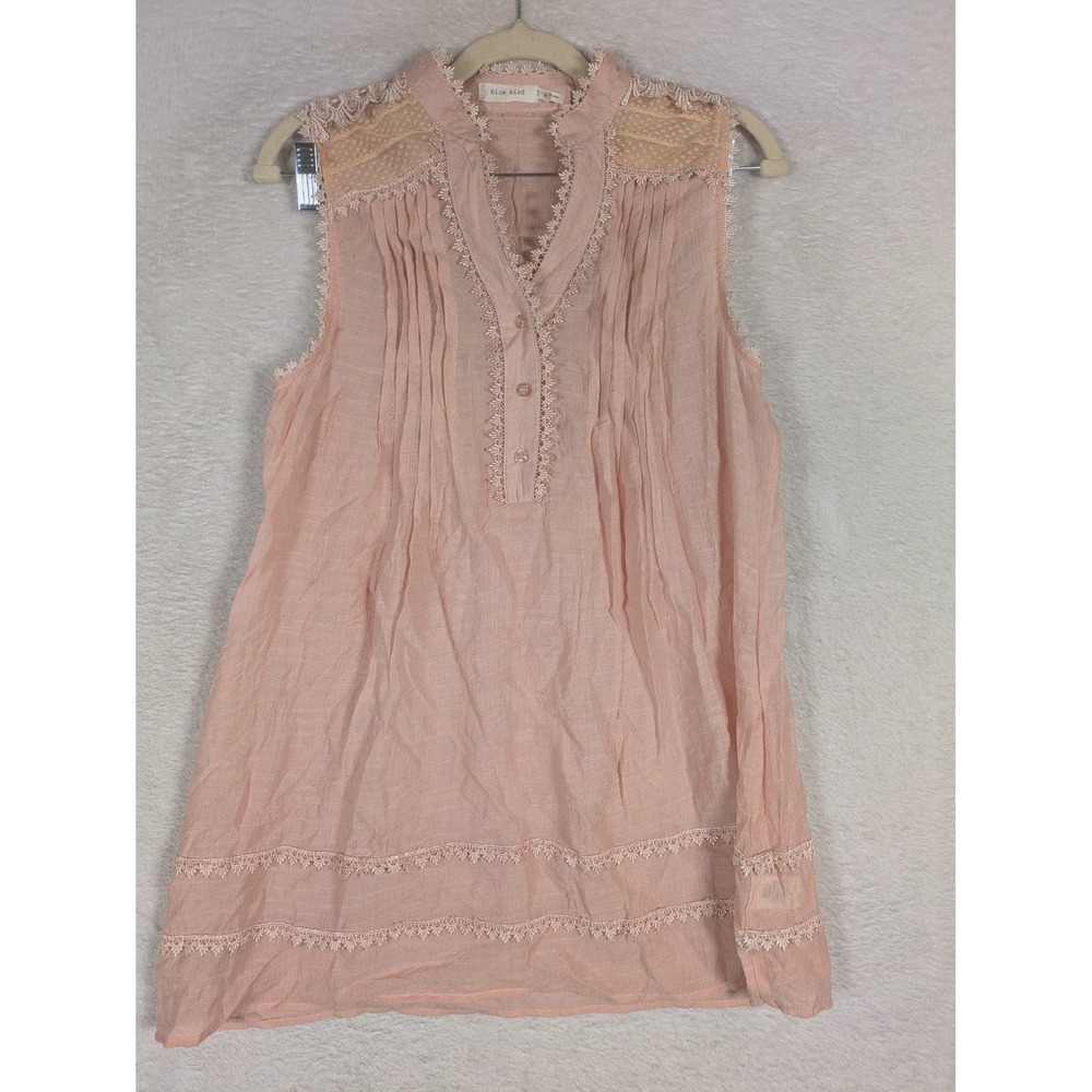 Blue Bird Tunic Top Women's Medium Pink Lace Trim Pintuck Sleeveless